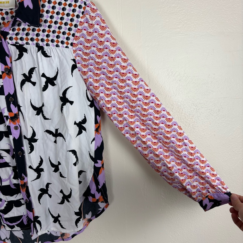 Anthropologie Maeve The Paz Button Down Blouse Size XS Patchwork Bird Novelty - Picture 4 of 7